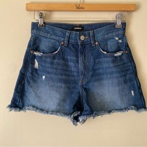 Express Blue Distressed Super High Rise Mom Shorts